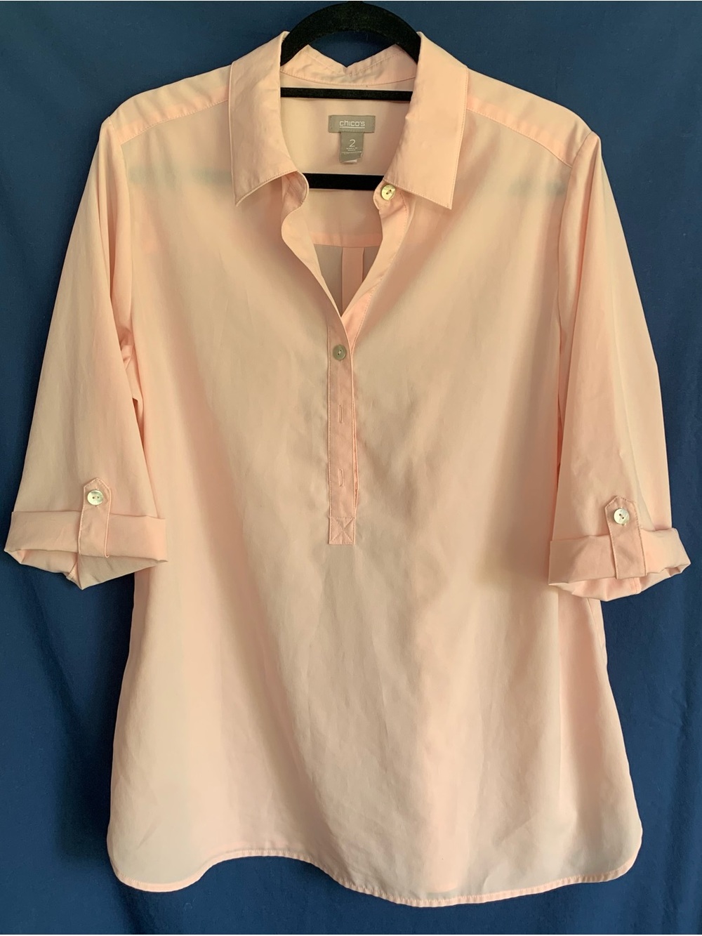 Chico's Size 2 Peach Roll-Sleeve Popover Ttop